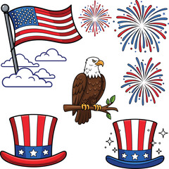 Patriotic symbols including an eagle flag and fireworks hats stars