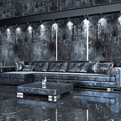 Luxurious urban living room design with a modern aesthetic and dark color palette evokes