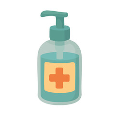 Cute antiseptic dispenser bottle with cross label. Medical cartoon clipart in flat vector style.