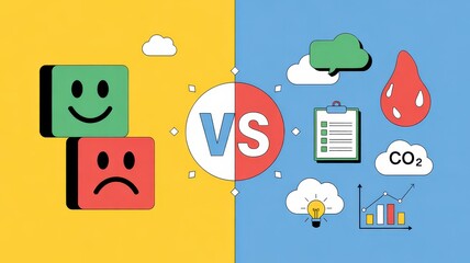 Split Panel Infographic with Happy vs Sad Icons, CO2, Checklist, and Data Elements