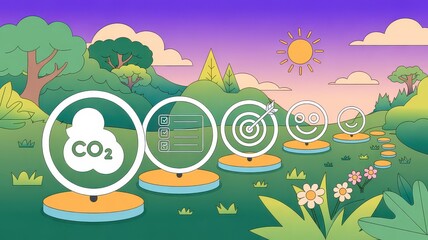 Cartoon Eco Path with CO2, Checklist, Target, and Smiley Milestones