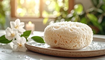 Close-up of bath puff sponge with light foam and water droplets