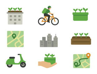 Urban Agriculture Icons. Flat icon set of urban agriculture delivery: rooftop farm, bike courier, green box,