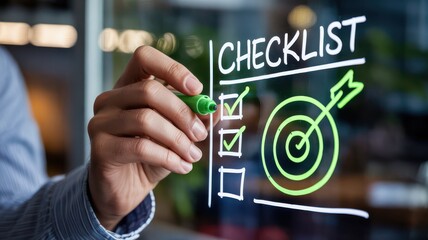 Hand Marking Checklist and Target with Green Marker on Glass Surface