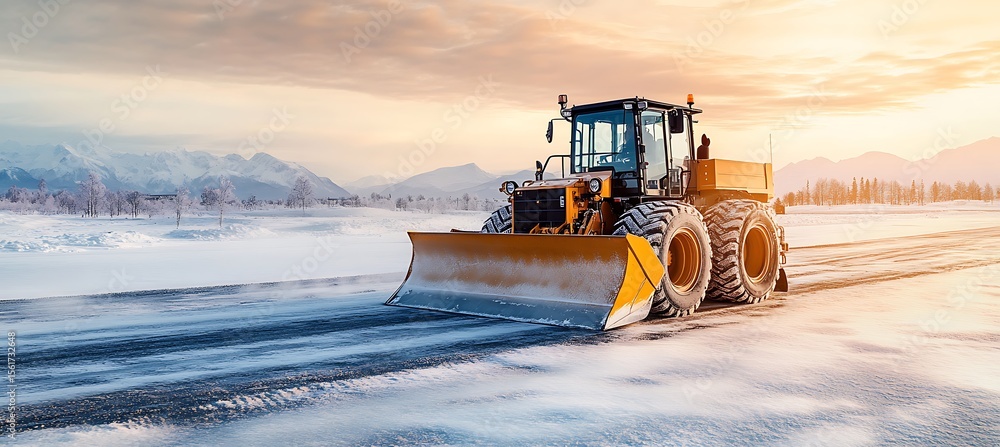 Poster powerful grader machine operating on frozen terrain with yellow branding space and rugged industrial