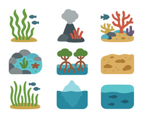 Ocean Habitat Icons. Flat icon set of ocean habitats: kelp forest, deep sea vent, coral reef, tidal pool,