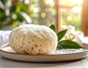 Close-up of bath puff sponge with light foam and water droplets