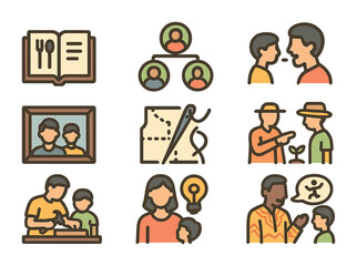 Family Knowledge Icons. Flat icon set of family knowledge transfer: recipe book, family tree, oral history,