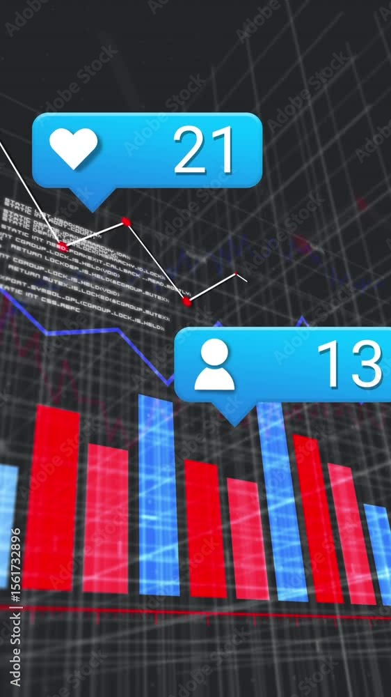 Poster animation of icon and changing numbers in message boxes over graphs and computer language