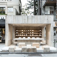 Minimalist concrete structure showcasing products in an urban retail setting with natural light