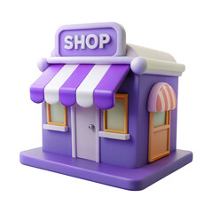 3d cartoon shop building with awning and sign isolated on transparent background