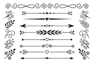 Decorative Dividers in Elegant Hand-Drawn Black Vector Featuring Arrows, Floral Swirls, and Ornamental Borders for Graphic Layouts and Poster Projects.


