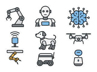 Robotics Icon Set. Flat icon set of robotics advancement: mechanical arm, humanoid robot, AI brain, sensor