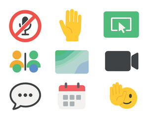 Virtual Meeting Icons. Flat icon set of virtual meeting essentials: mute button, raise hand icon, screen share