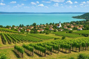 Panorama del Lago Balaton con vigneti terrazzati e villaggi ungheresi tradizionali