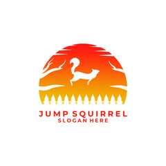 Jump Squirrel on the sunset or sunrise log design vector template
