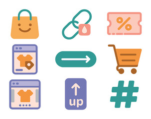Social Media Commerce Icons. Flat icon set of social media commerce tools: shopping bag icon, link in bio,