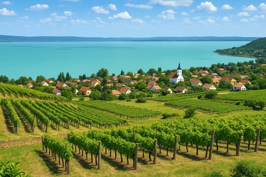 Panorama del Lago Balaton con vigneti terrazzati e villaggi ungheresi tradizionali