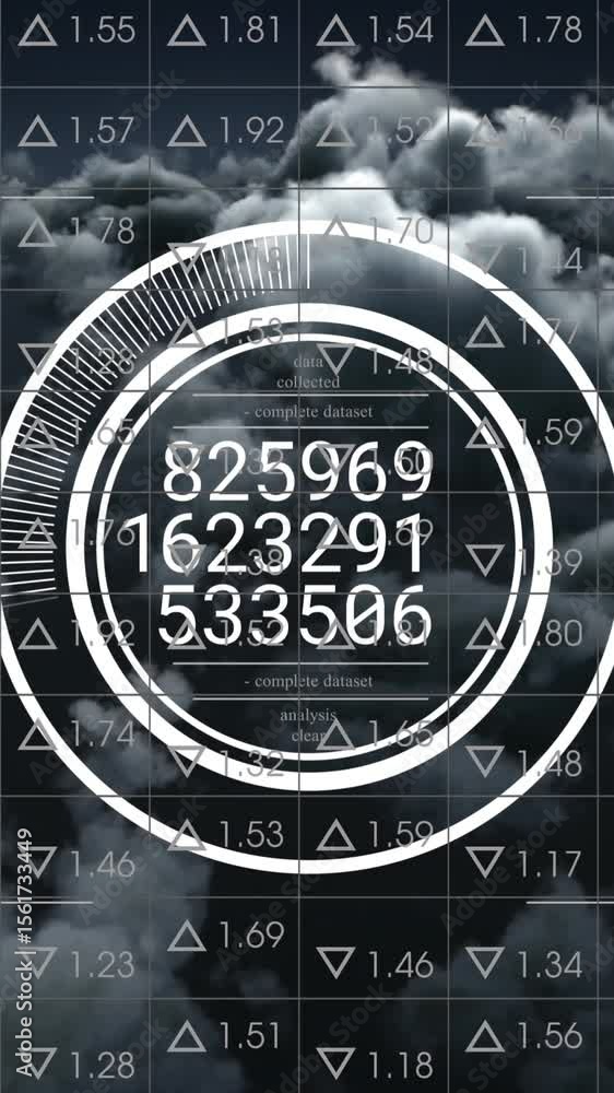 Poster animation of changing numbers in circles with currency names over trading board against dense clouds