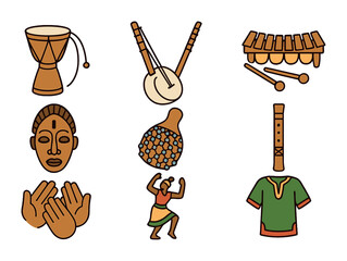 African Music Icons. Flat icon set of African musical heritage: talking drum, kora, balafon, dance mask,