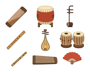 Asian Instruments Icons. Flat icon set of Asian musical instruments: guzheng, taiko drum, erhu, shakuhachi,