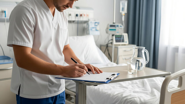Nurse fills out blank chart in patient room, great for hospital workflow or health document mockup