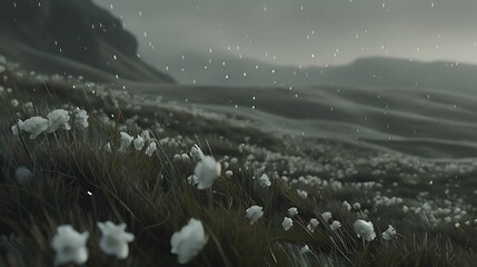 Misty tundra landscape with cotton grass and gentle rainfall creating serene view