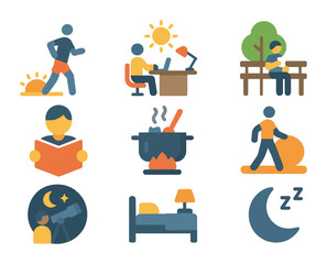 Daily Routine Icons. Flat icon set of activities from dawn to dusk: morning jogger, noon work desk, lunch