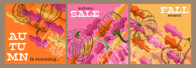 Autumn trendy cover, poster, banner, background template set. Creative Promotion cards with Autumn leaves and hand drawn Pumpkins. Fall template for advertising, web, social media, print