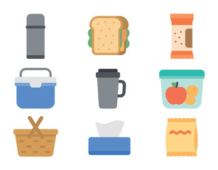 Road Trip Essentials. Flat icon set of road trip meals and snacks: thermos, sandwich, energy bar, cooler,