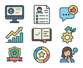 Self-Coaching Icon Set. Flat icon set of self-coaching and improvement trackers: personal dashboard,