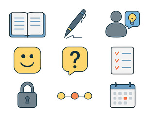 Journaling App Icons. Flat icon set of journaling and reflection apps: open notebook, pen writing, daily