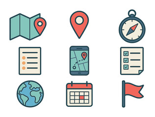 Navigation Tools Icons. Flat icon set of navigation and planning tools: foldable map, location pin, compass,