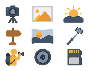 Scenic Photography Icons. Flat icon set of scenic photo stops: tripod with camera, photo frame icon, sunrise