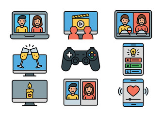 Virtual Date Icons. Flat icon set of virtual dates: couple on video chat, shared movie icon, online dinner