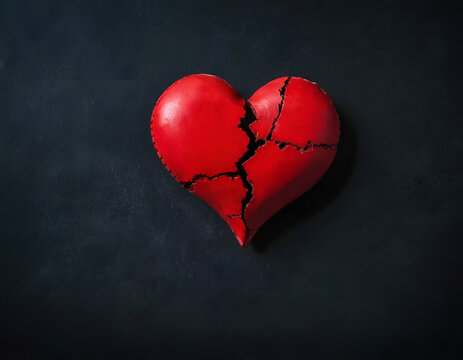 Broken red heart on a dark retro background. Minimal abstract lost love and breakup concept. Loved ones, we lost an idea and a strong emotional idea. With copy space, red heart on black background
