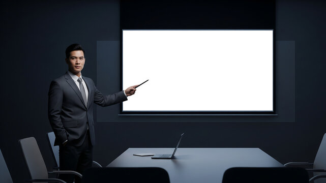 Businessman gives presentation with blank projection slide, ideal for branding or content mockup