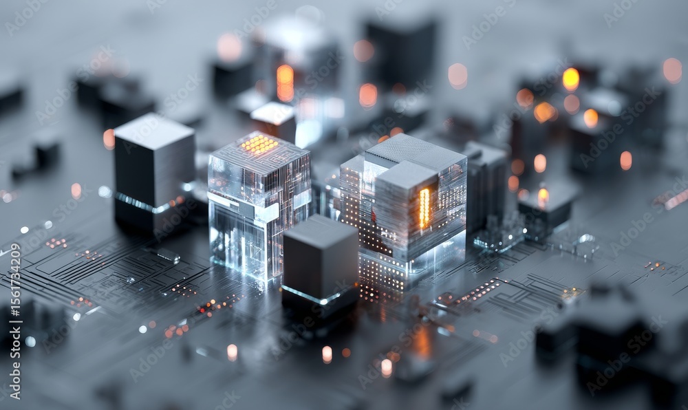 Poster glowing blocks and interconnecting lines form a futuristic cityscape that symbolizes the advancement