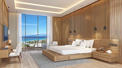 Modern bedroom interior with ocean view featuring minimalist design and wooden accents providing