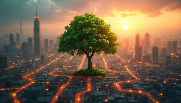 Tree grows center urban landscape. Futuristic cityscape, network lines around it. Concept of environmental protection and smart city development. Hope and growth in modern tech world.