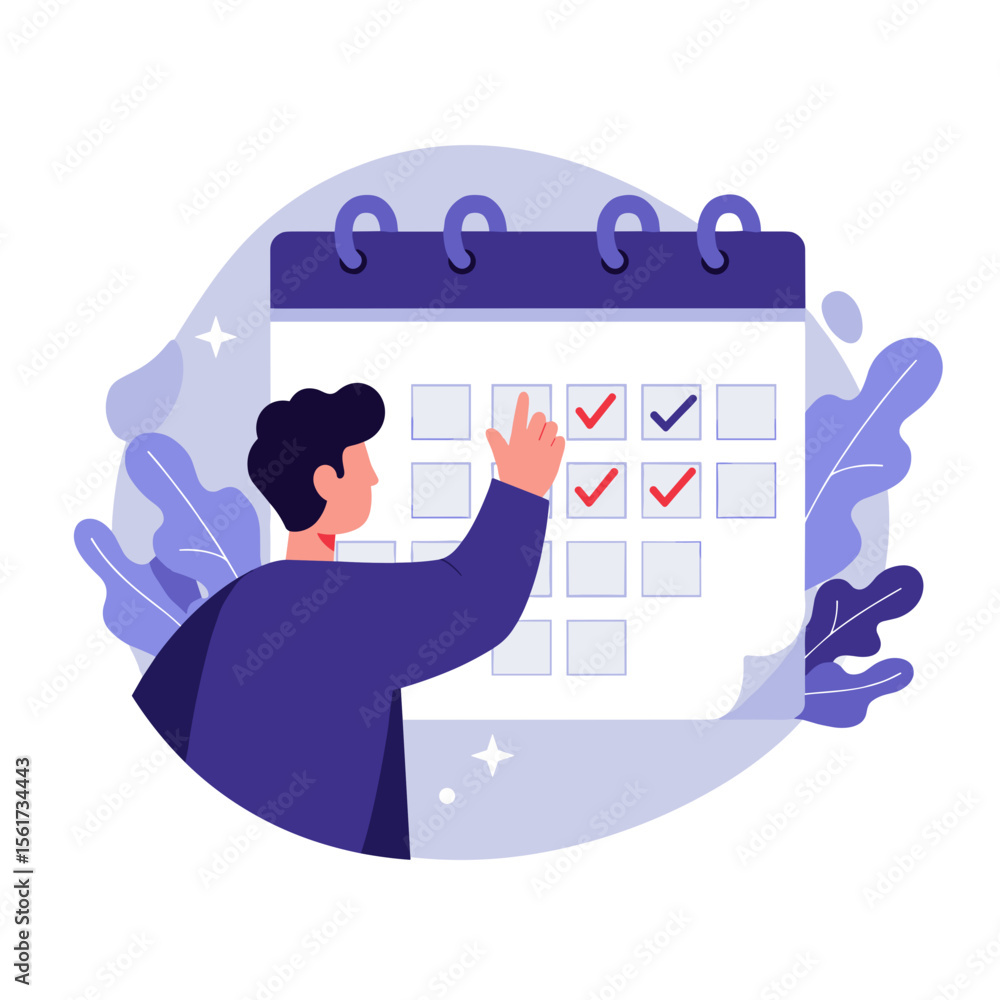 Poster man checking calendar with marked dates in modern flat design