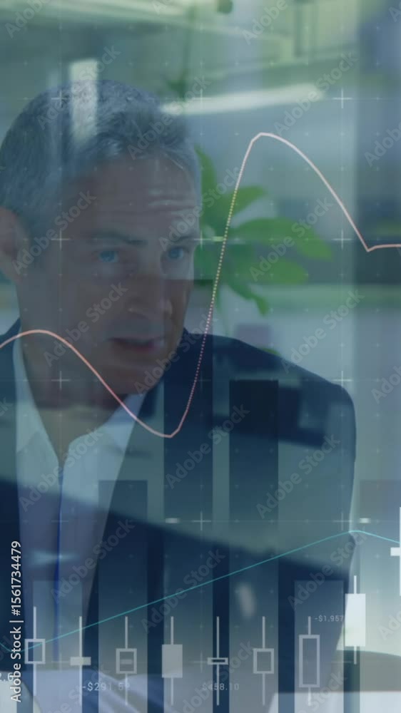 Poster animation of statistic processing over businessman