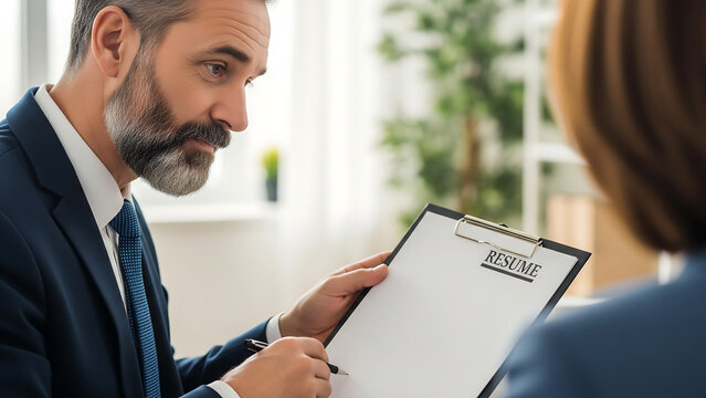 HR manager holds blank resume during interview, great for employment, form, or HR branding mockup