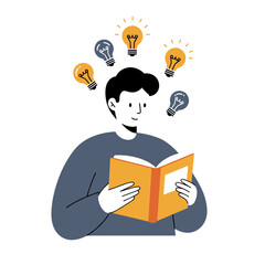 Student reading book with light bulbs symbolizing ideas above head  