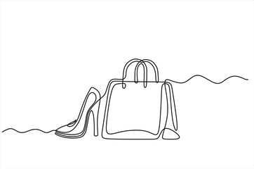 Continuous one line drawing of high heel shoes and handbag. Hand drawn one line vector. Editable stroke	