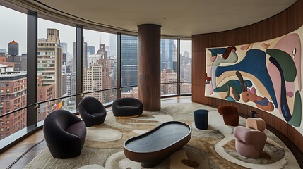 Modern penthouse interior with sweeping city views and artistic decorative elements present