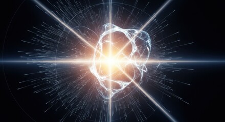 Vibrant cosmic energy formation with bright light rays and particles exploding outwards in a dark void