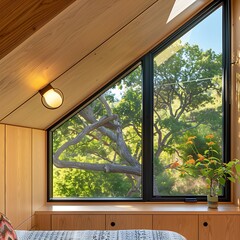 Modern triangular window design offering a tranquil view of nature with warm wood interiors