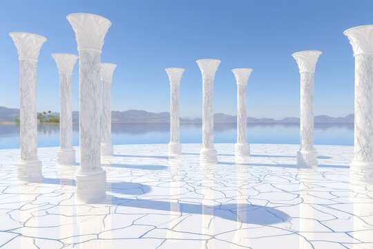White columns on a cracked, reflective floor by a placid lake
