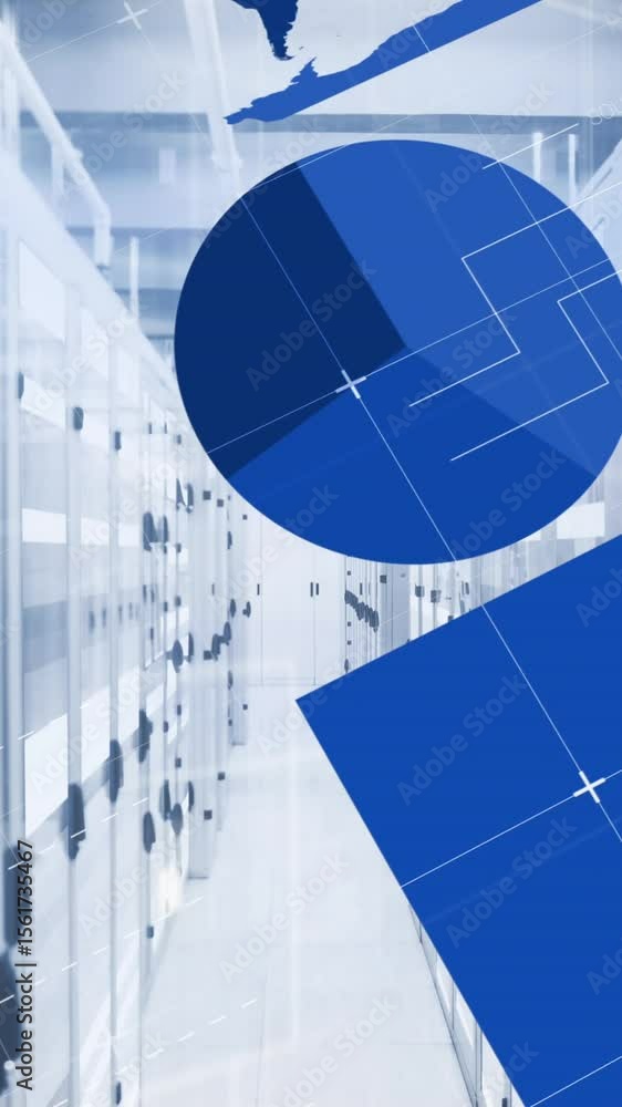 Poster animation of statistical data processing and light trails against computer server room